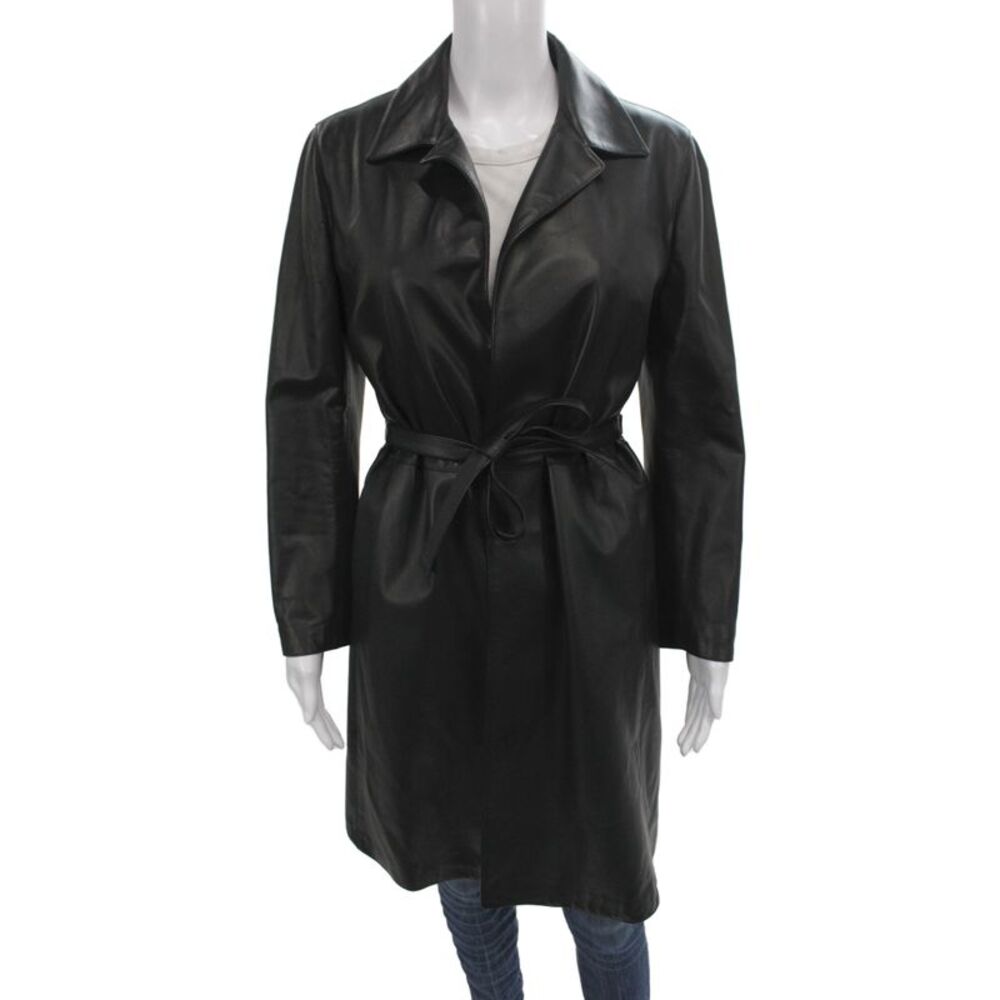 Marni Women Trench Coat Black Leather Collared Tie Long Sleeve Size 42
